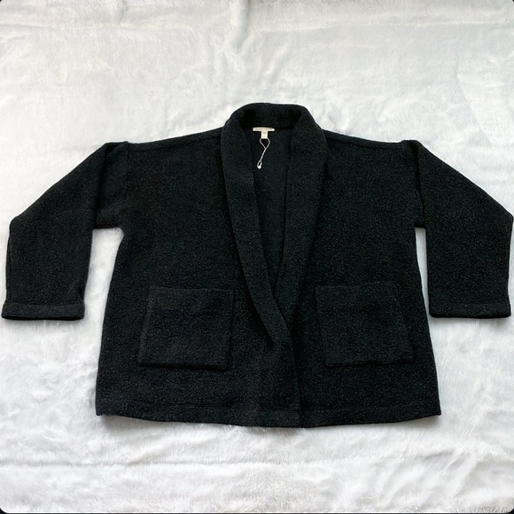 NWOT Charcoal Gray Eileen Fisher Boucle Wool Knit High Collar Jacket Coat - Picture 5 of 11